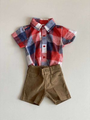 1094. Conjunto de camisa a cruadros rojo y azul marino