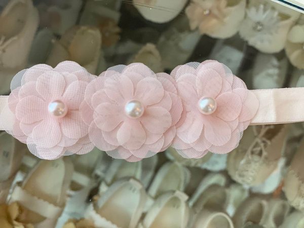 9081. Bandita de tres flores rosa con perlas