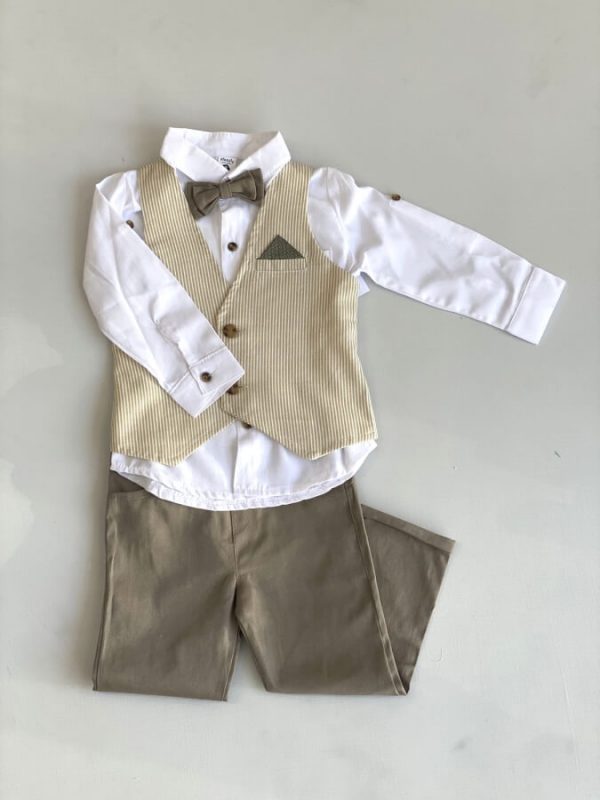 724. Conjunto cuatro piezas de chaleco beige a rayas