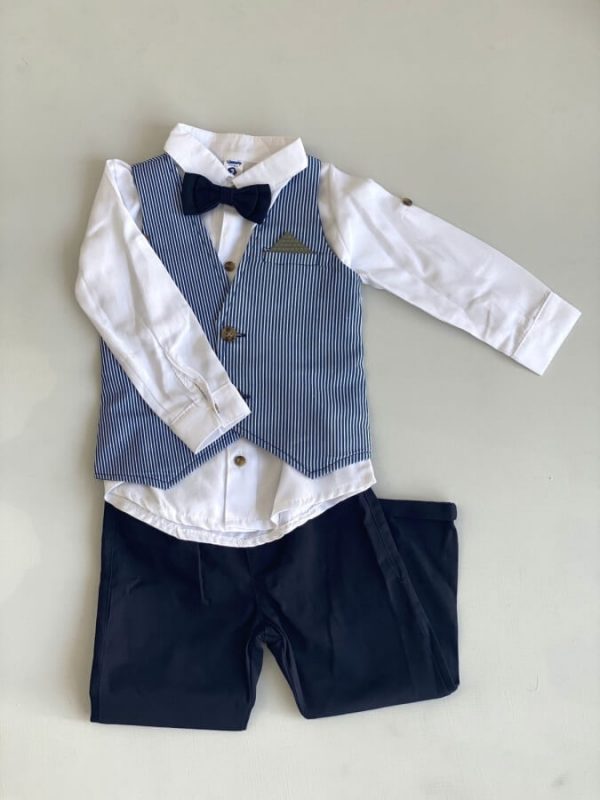 726. Conjunto cuatro piezas de chaleco azul a rayas