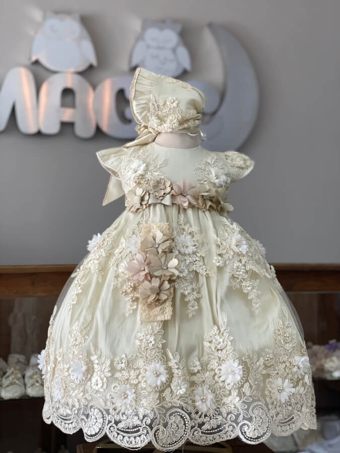 7141. Ropon en champagne con detalles en palo de rosa | Ropa Infantil y