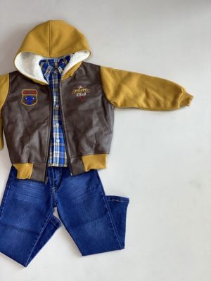 12037. Conjunto tres piezas de chamarra cafe con mostaza
