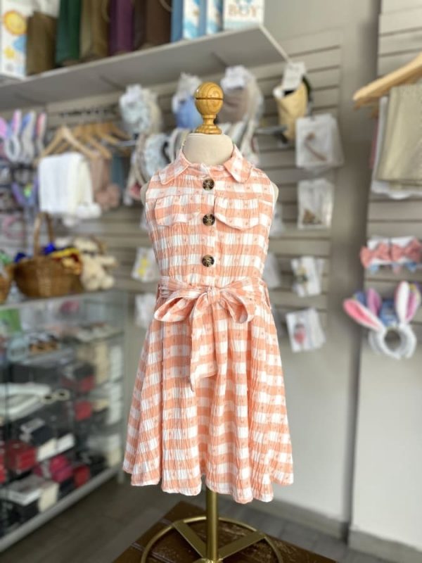 3396. Vestido salmon a cuadros con detalle de botones