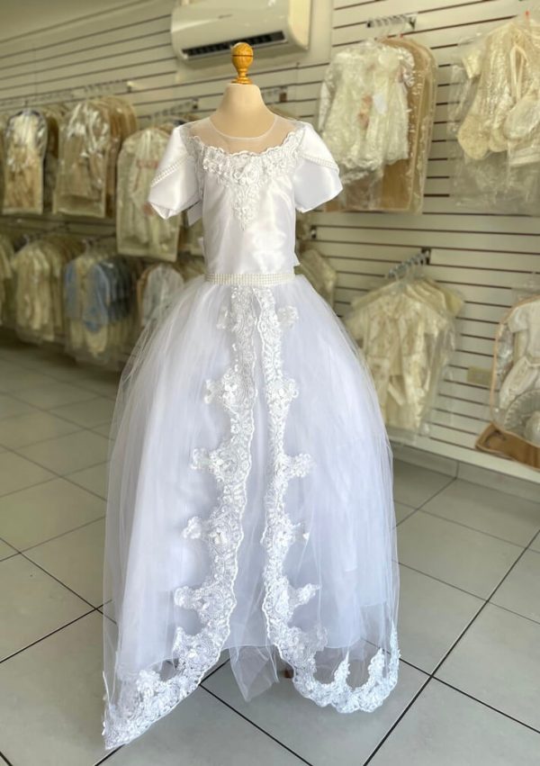 8119. Vestido con detalle de tul, encaje y bordado en mangas