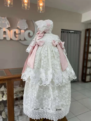7264. Ropon de coleccion extra largo, encaje con detalle de listones en rosa