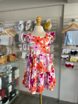 3495. Vestido de flores en rosa y naranja