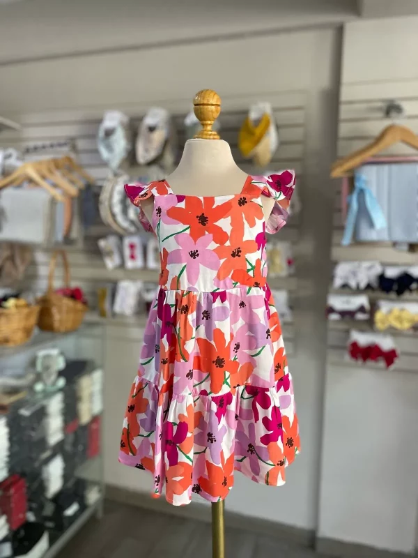 3495. Vestido de flores en rosa y naranja