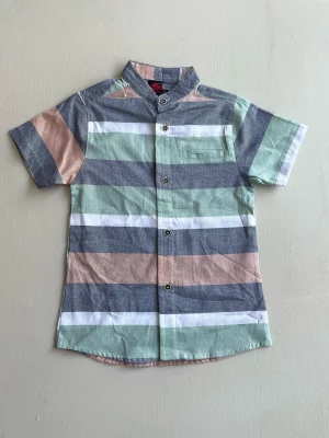 13051. Camisa a rayas en verde, gris y naranja