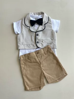13066. Conjunto de chalequito a rayas en beige