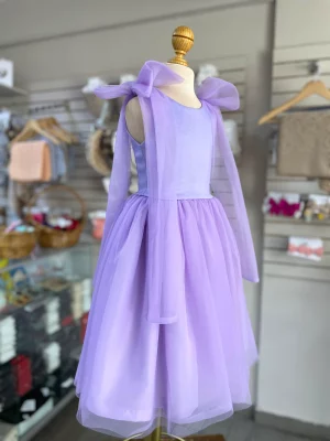 34167. Vestido morado de tul con detalle de moño