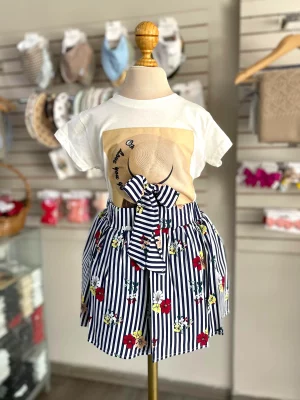 34175. Conjunto de falda a rayas y monita de sombrero