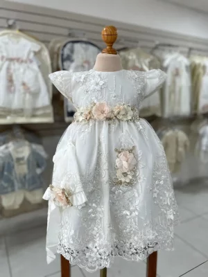 34285. Ropon ivory con flores en beige y salmon