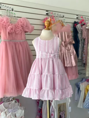 34275. Vestido rosa a rayas blancas con moñito