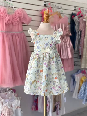 34276. Vestido de florecitas con moño beige al frente