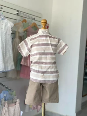 13233. Camisa a rayas beige y cafe
