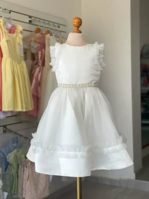 34371. un favorito, vestido de linea de fiesta con doble olan en manguita